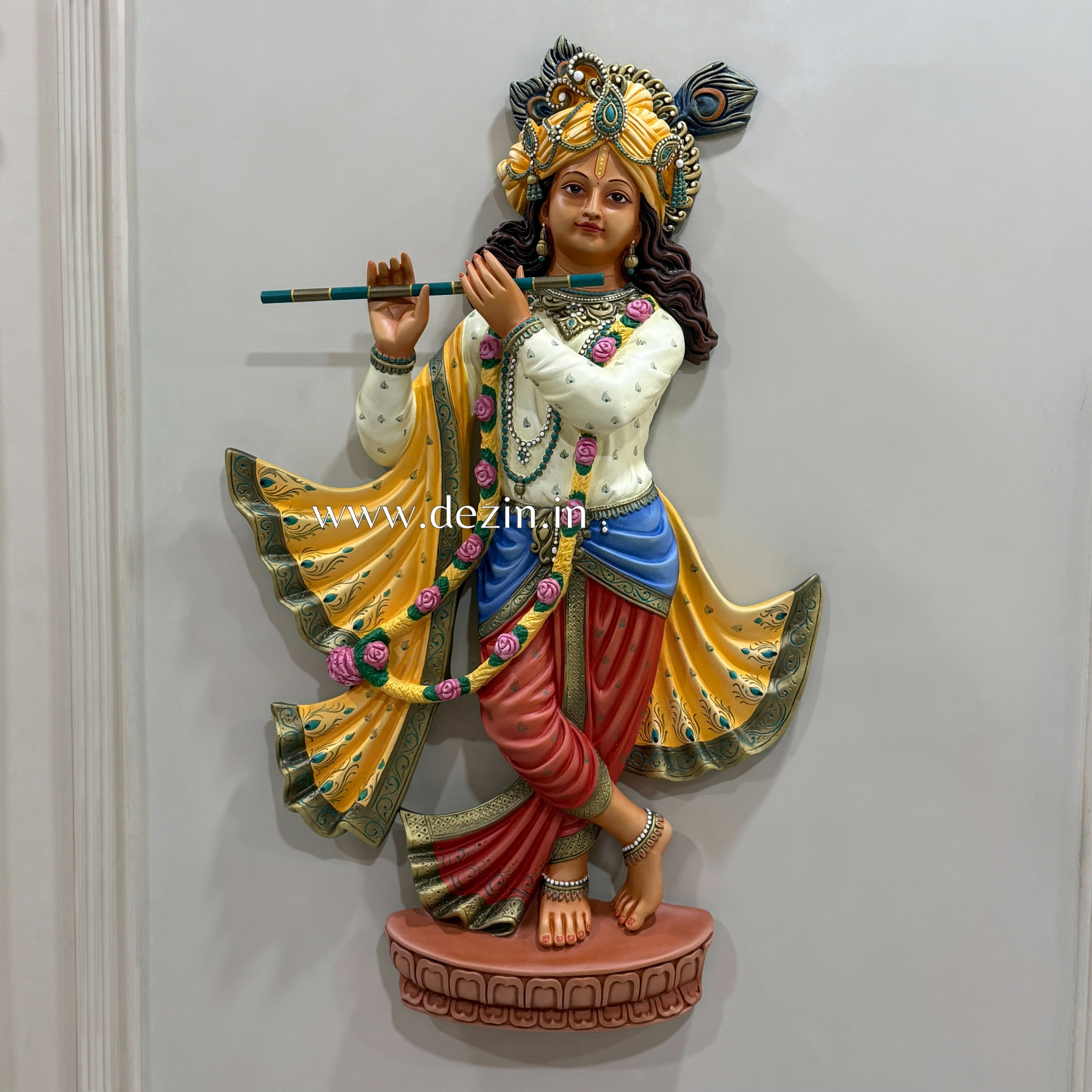 Shri Krishna Wall Mural – 3.5x2.5ft | Flute-Playing Krishna for Divine Harmony | Dezin India