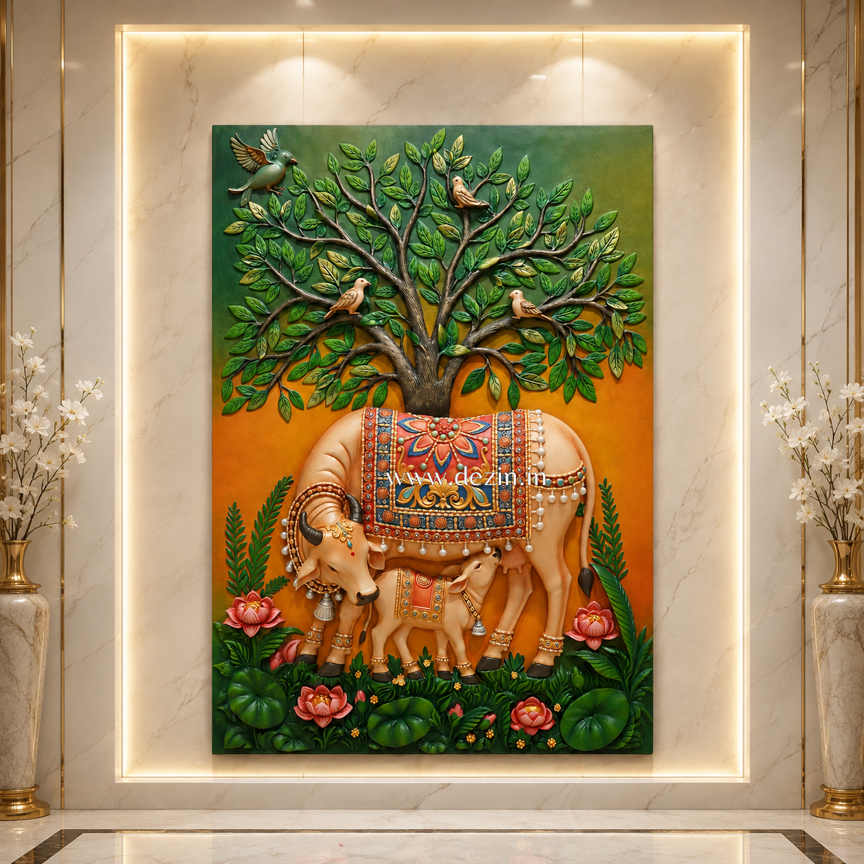 Kamdhenu Cow & Calf with Kalpavriksha Mural - 6x4ft | Gau Mata Arts